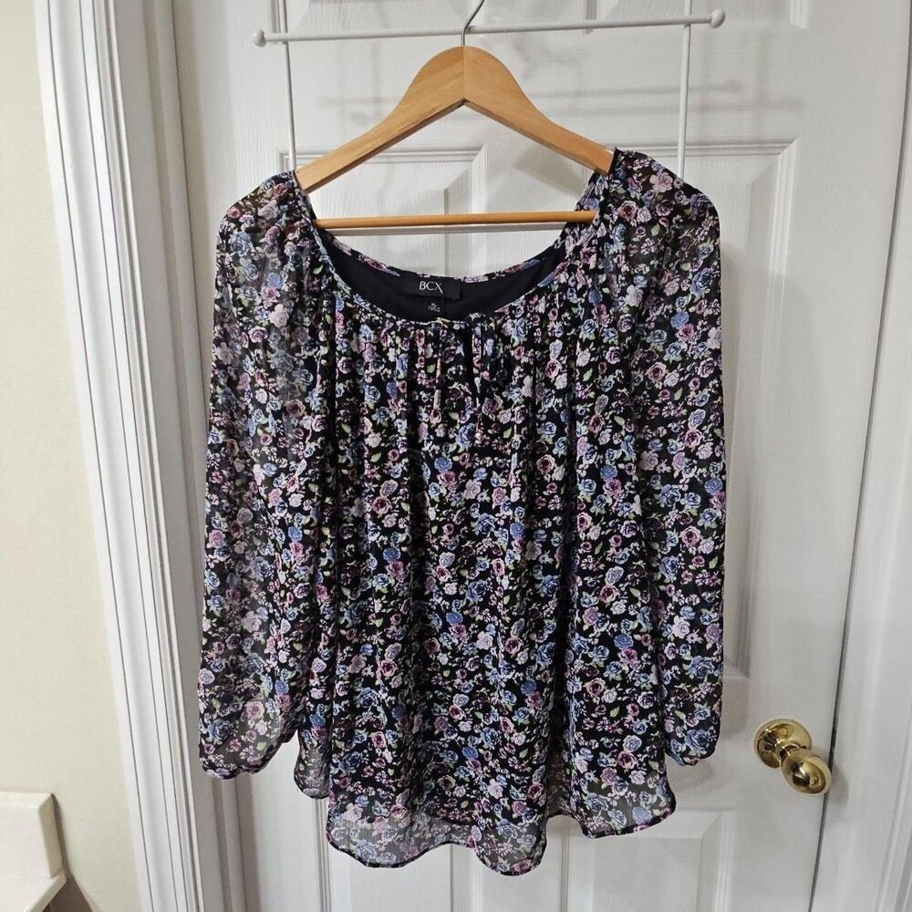 BCX Floral Print Sheer Long Sleeve Off-the-Shoulder Blouse